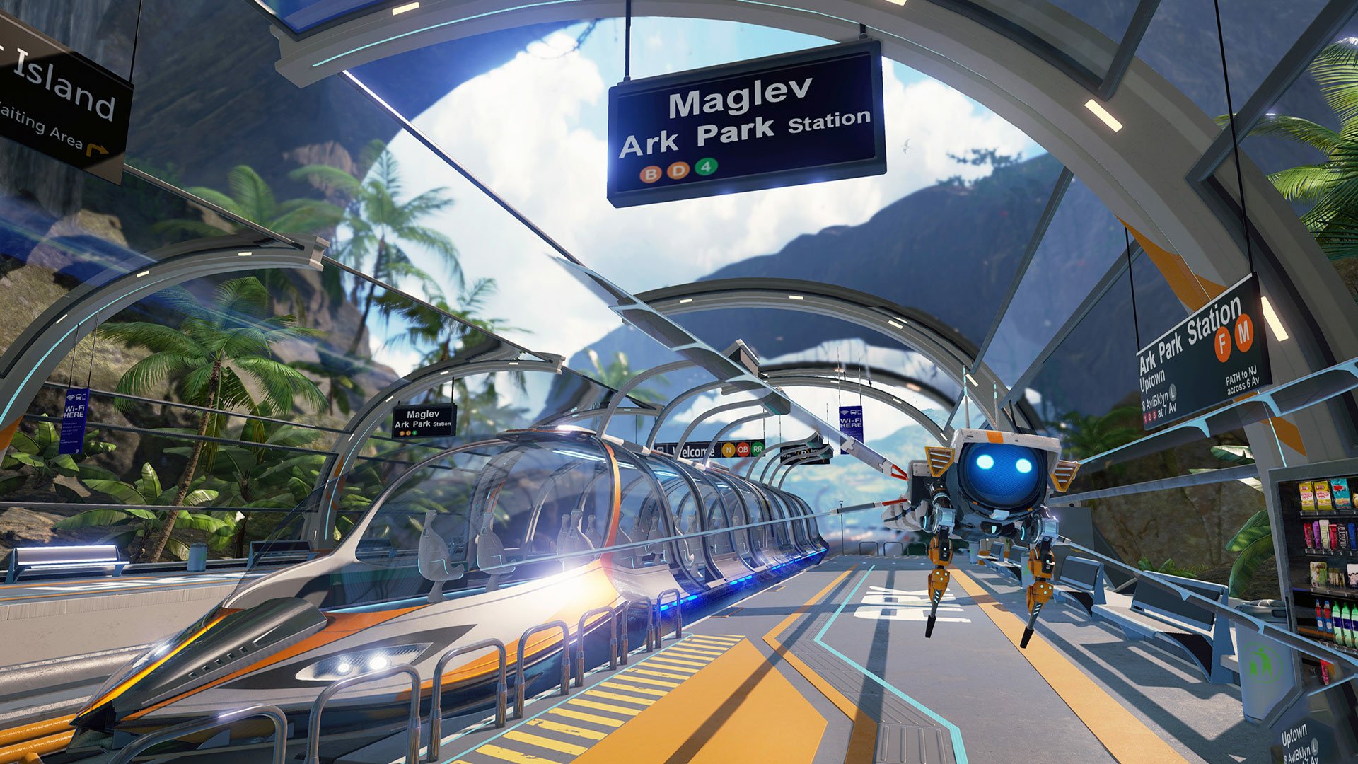 HD desktop wallpaper from ARK Park featuring a futuristic Maglev Ark Park station with a sleek train and robotic assistant.