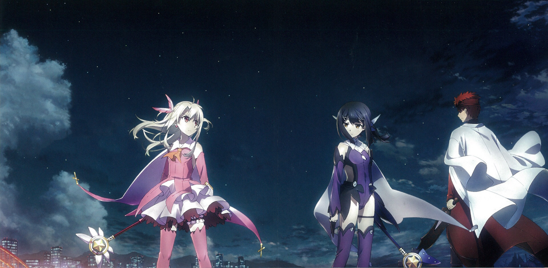HD anime wallpaper featuring Miyu Edelfelt and Shirou Emiya from Fate/kaleid liner Prisma Illya standing under a starry night sky with small magical creatures.