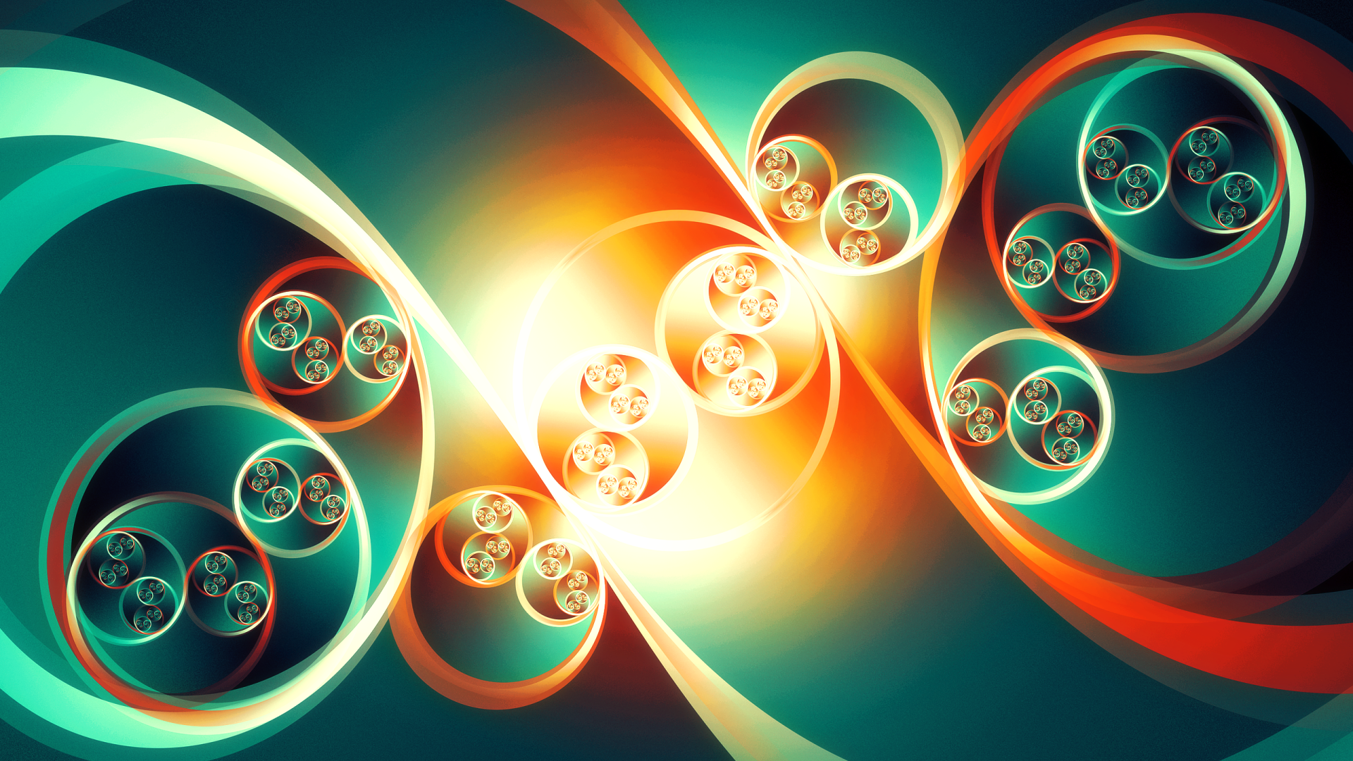 Vibrant abstract fractal pattern with swirling loops and glowing orbs in teal and orange hues, designed as an HD PC desktop wallpaper and background.