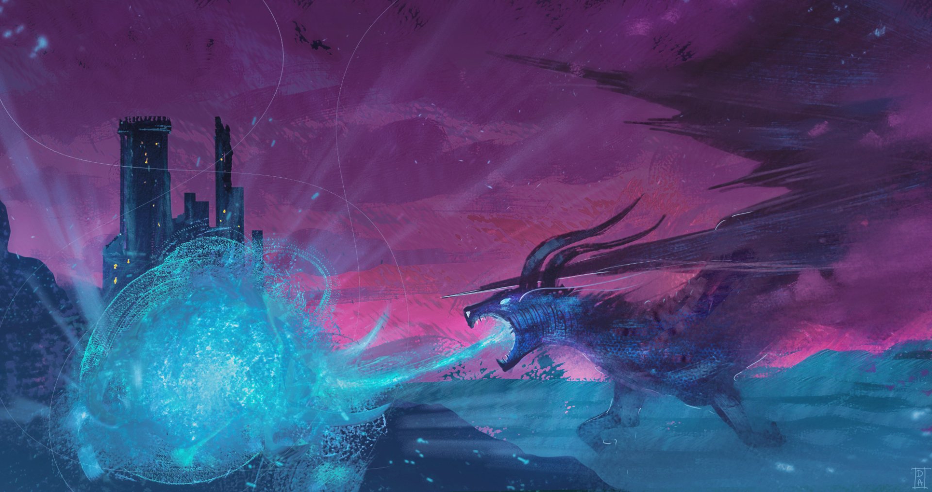 HD fantasy desktop wallpaper showing a fierce dragon breathing blue fire towards a castle under a stormy, purple sky.