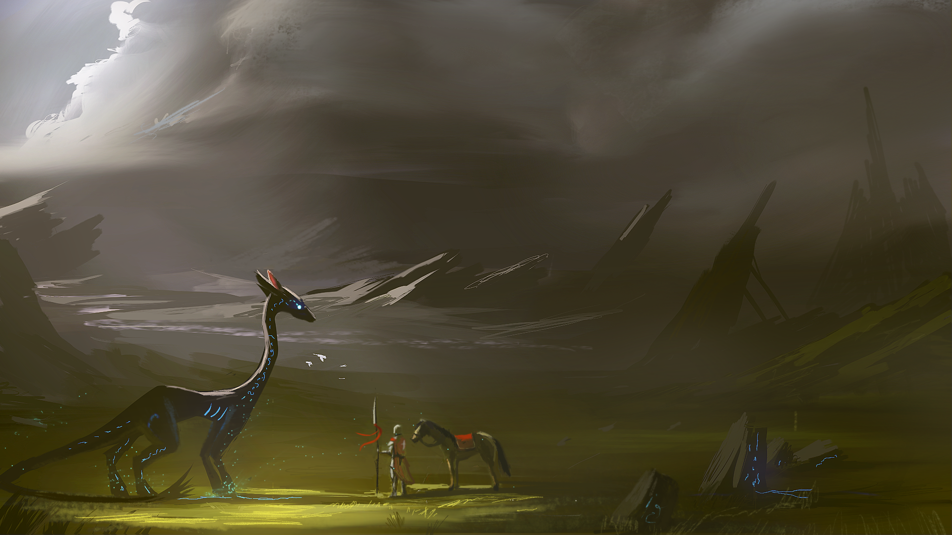 A fantasy warrior on horseback stands in a misty, dark landscape facing a tall, mythical creature under a cloudy sky in an HD fantasy-themed desktop wallpaper.