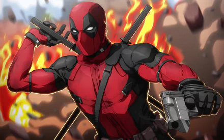 4K Ultra HD PC desktop wallpaper featuring Deadpool in action with guns drawn against a fiery, explosive comic-style background.