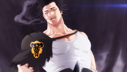 HD desktop wallpaper featuring Yami Sukehiro from the anime Black Clover, showcasing his confident stance with a dark, smoky background.