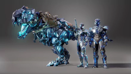 HD wallpaper featuring ARK Park's mechanical dinosaur and armored human figures, for a futuristic desktop background.