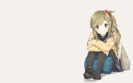 HD desktop wallpaper of Aoi Inuyama from Laid-Back Camp. The blonde anime girl with long hair, green eyes, and a smile, is seated cross-legged in a skirt and pantyhose, with a bag on her back.