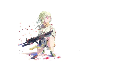 HD anime desktop wallpaper featuring Tina Sprout from Black Bullet, depicted crouching with a rifle, surrounded by red petals on a white background.