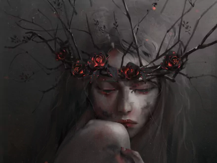 A fantasy-themed HD wallpaper depicting a sad woman with tears streaming down her face, wearing a wreath of dark branches and roses. The haunting, somber atmosphere evokes deep emotions.