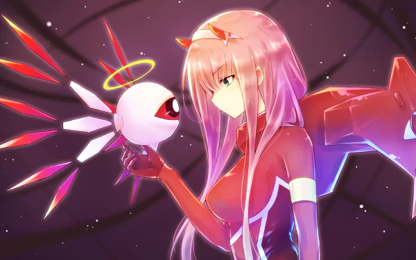 HD desktop wallpaper featuring a crossover of Kirby's Zero and Zero Two from Darling in the FranXX. Zero Two holds a glowing, angelic Zero against a cosmic background, merging anime art styles.