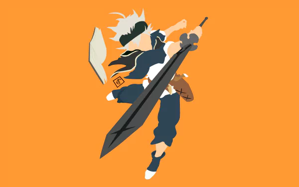 HD desktop wallpaper featuring Asta from the anime Black Clover, depicted with his iconic sword against an orange background.