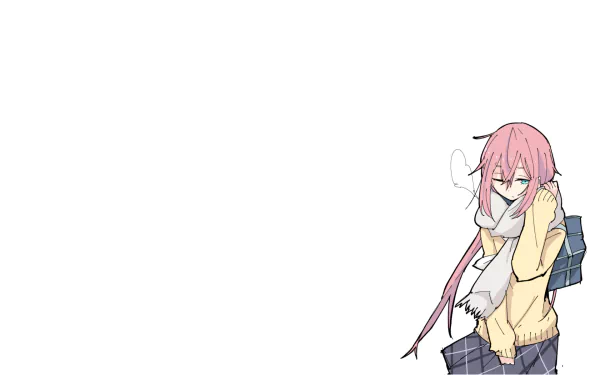 HD PC desktop wallpaper featuring Nadeshiko Kagamihara from the anime Laid-Back Camp, showcasing her with pink hair and a cozy winter outfit against a white background.