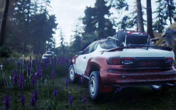 HD desktop wallpaper featuring a rally car on a gravel road amidst a forest and purple wildflowers.