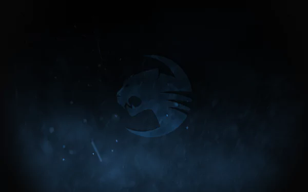 Dark HD PC desktop wallpaper: blue smoky haze with a subtle Roccat logo emerging in a tech-inspired background.