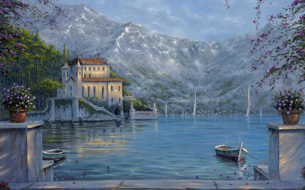 Artistic HD wallpaper of a serene lake with boats, a majestic mountain backdrop, and a picturesque hotel near the shore, framed by flowering plants.