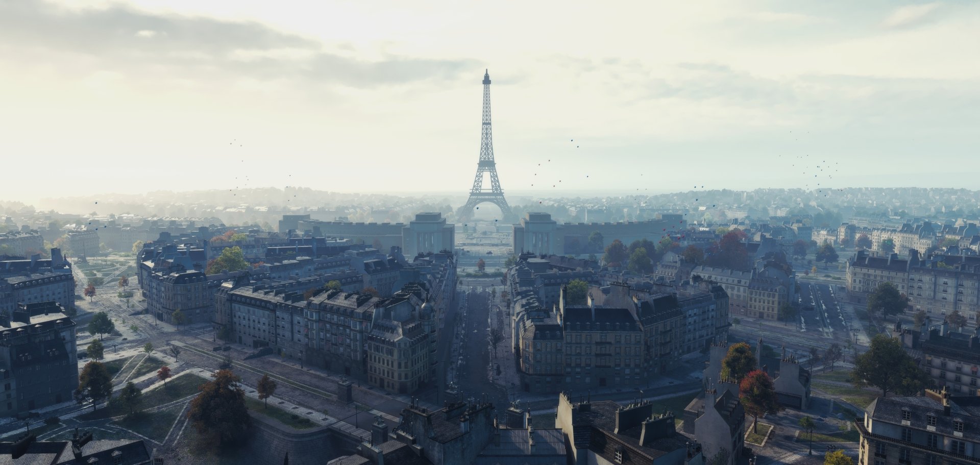 4K Ultra HD PC desktop wallpaper and background — World of Tanks video game scene: cinematic in-game Paris with the Eiffel Tower above smoky, war-torn streets and distant armored vehicles.
