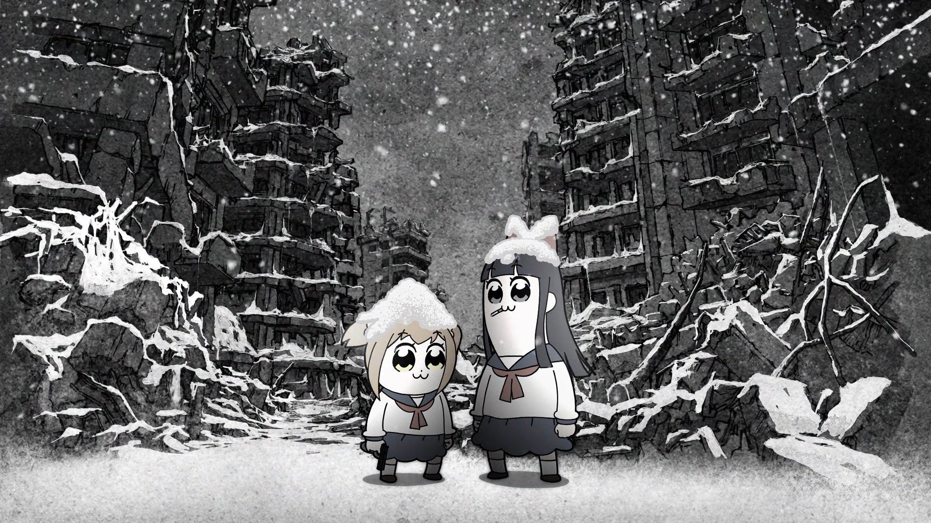 Pipimi and Popuko from Pop Team Epic stand in falling snow amid a bleak, ruined, snow-covered city — anime HD PC desktop wallpaper.