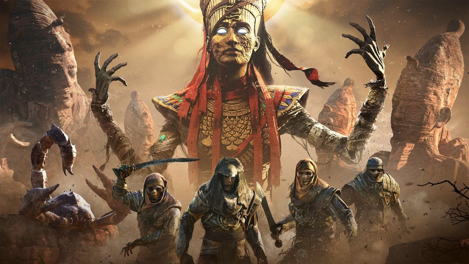 HD PC desktop wallpaper from the video game Assassin's Creed Origins: a glowing-eyed pharaoh statue looms over Bayek and hooded assassins amid a sand-swept, ruined Egyptian landscape