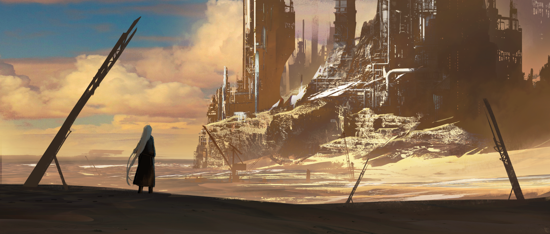 HD anime wallpaper featuring an original artwork of a lone figure with long hair standing before an imposing, futuristic cityscape under a dramatic sky.
