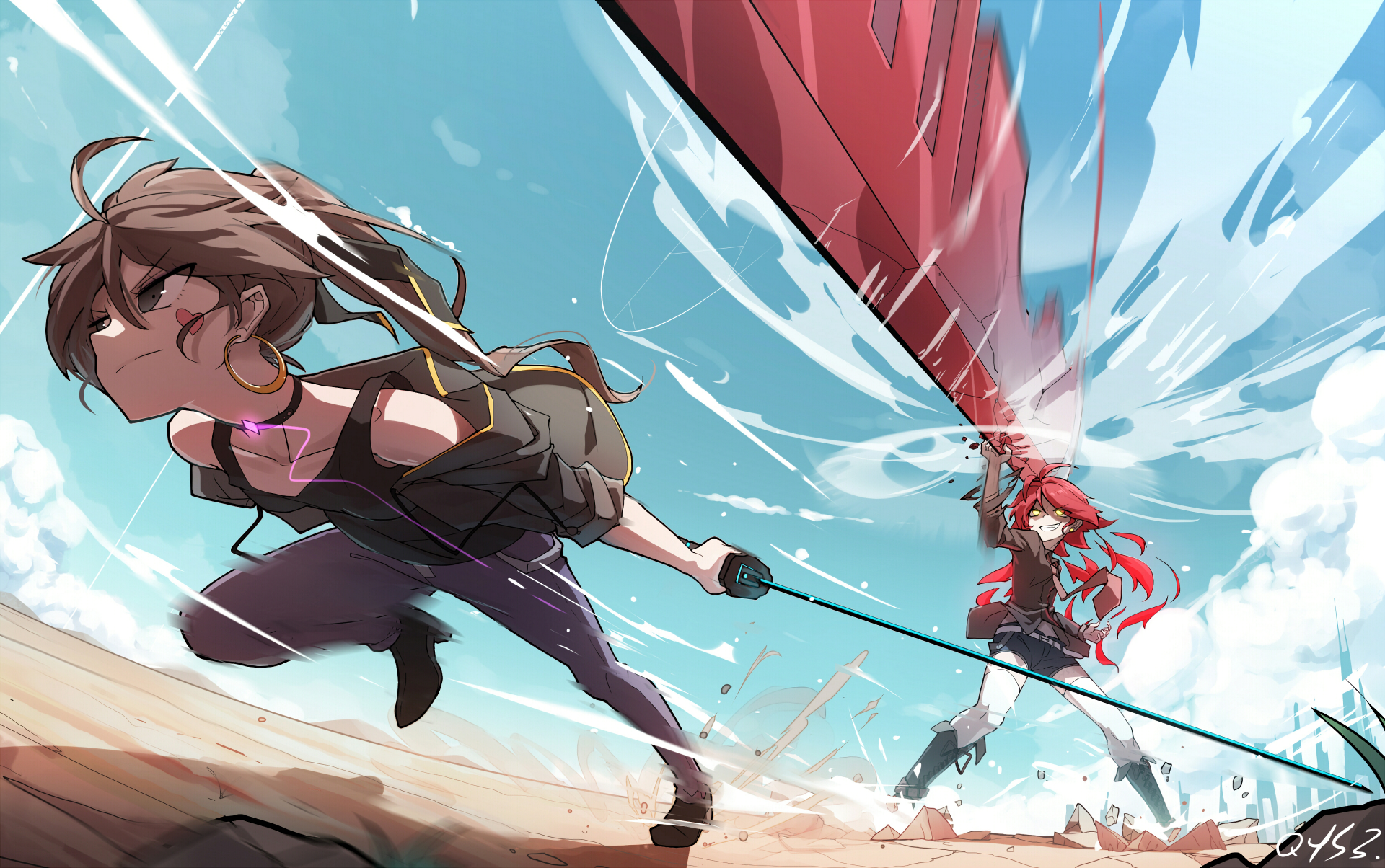 Anime-style 4K Ultra HD desktop wallpaper from Pixiv Fantasia T, depicting dynamic characters in motion against a bright, cloud-filled sky.