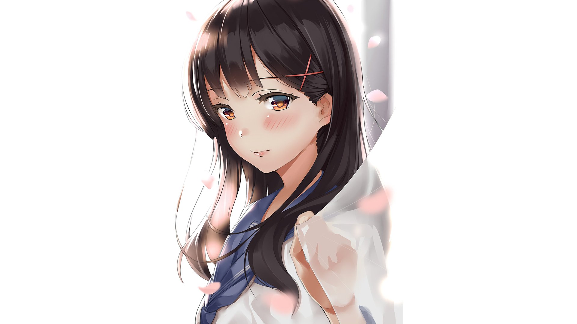 Anime original HD PC desktop wallpaper of a shy dark-haired schoolgirl with hairpins and a navy sailor uniform, soft pink petals drifting around her on a white background.