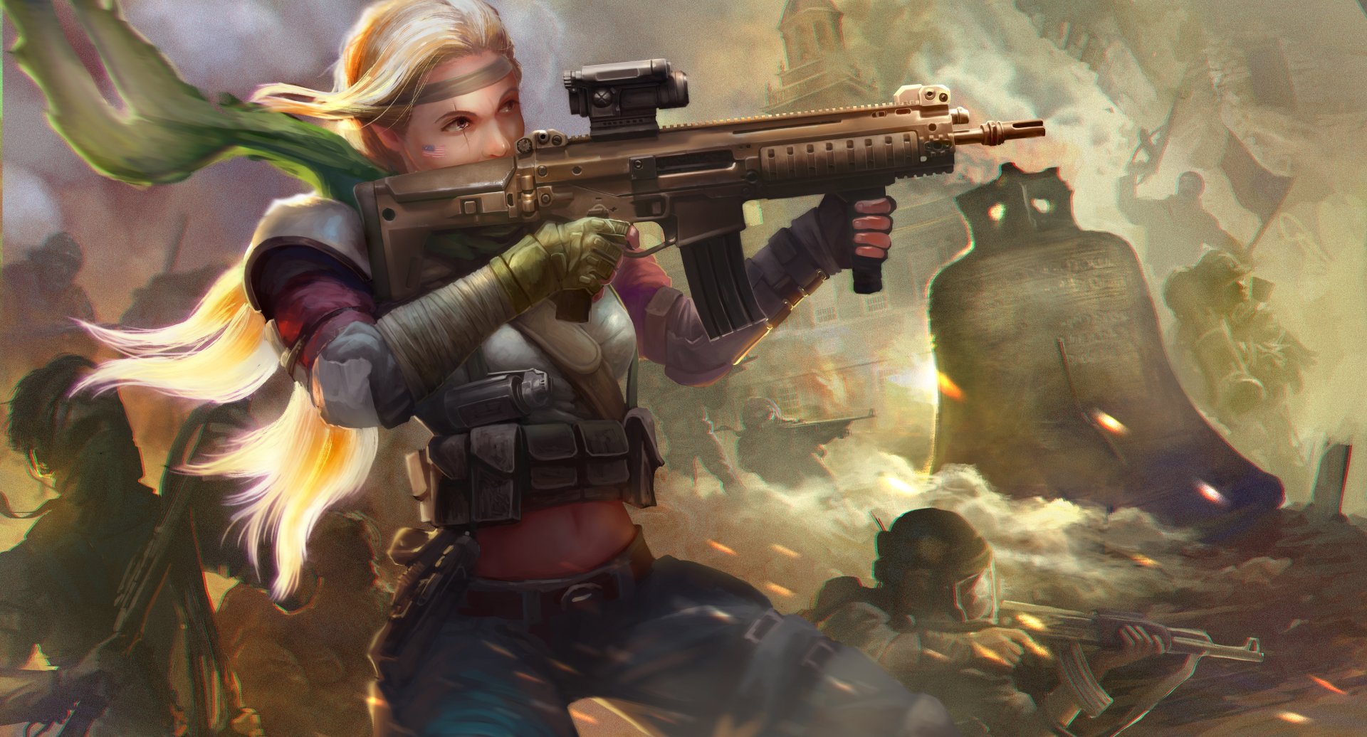 Blonde, long-haired woman warrior in tactical gear aims an assault rifle amid smoke and ruins — Homefront: The Revolution video game 5K Ultra HD PC desktop wallpaper.