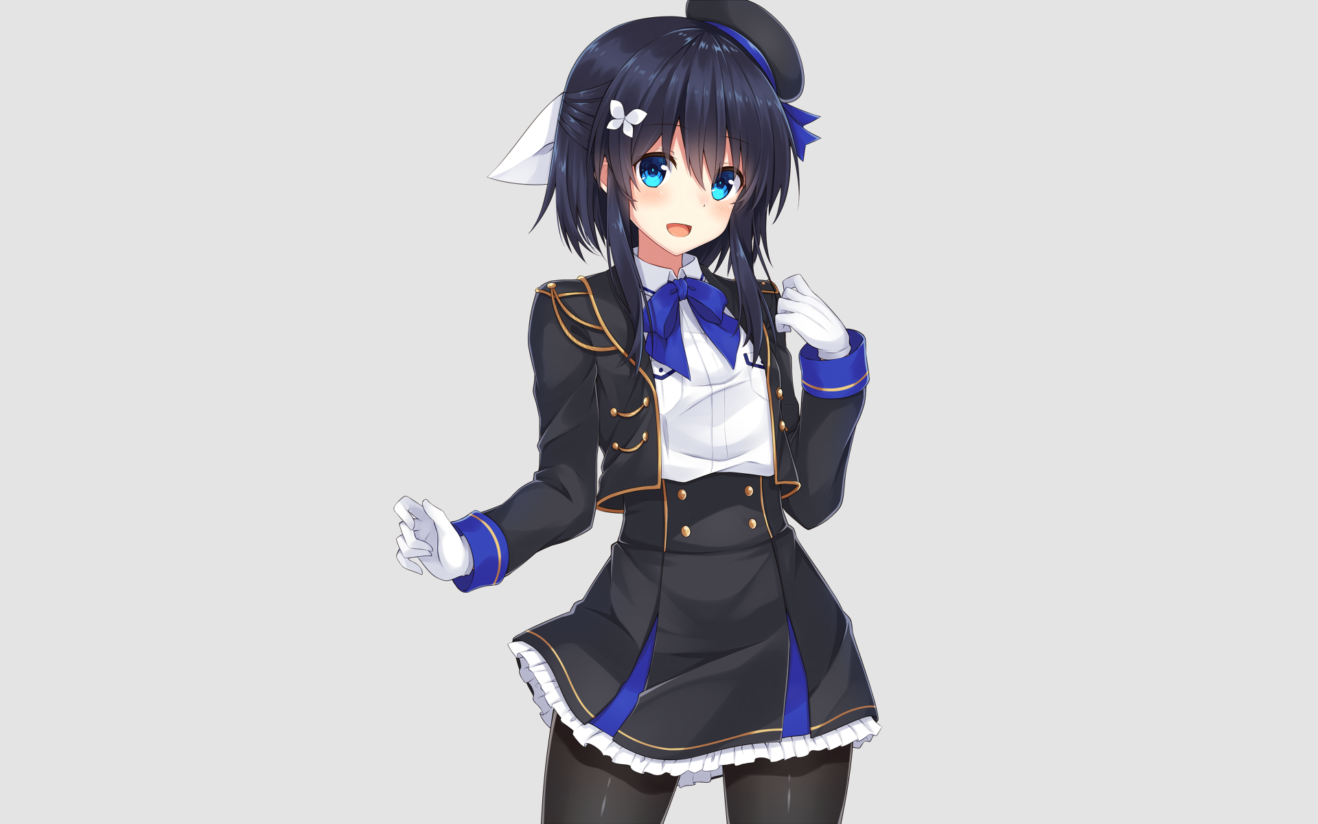 Anime-style original character with dark hair and blue eyes, dressed in a detailed black and blue uniform, featured as an HD PC desktop wallpaper and background.