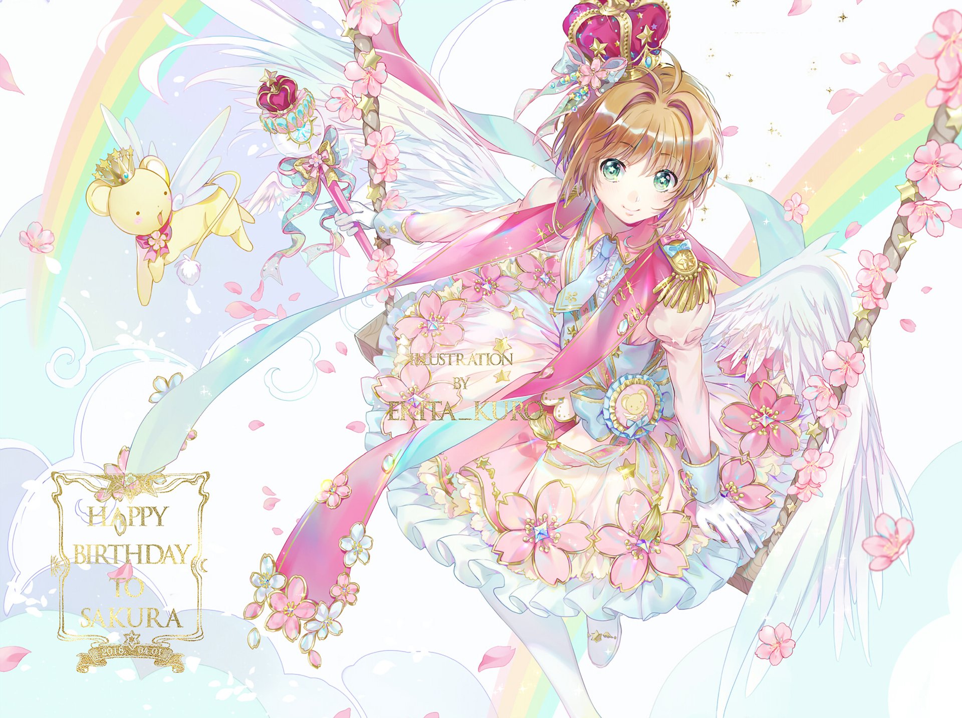 HD anime desktop wallpaper featuring Sakura Kinomoto from Cardcaptor Sakura in a vibrant, floral-themed outfit with wings and magical elements surrounding her.