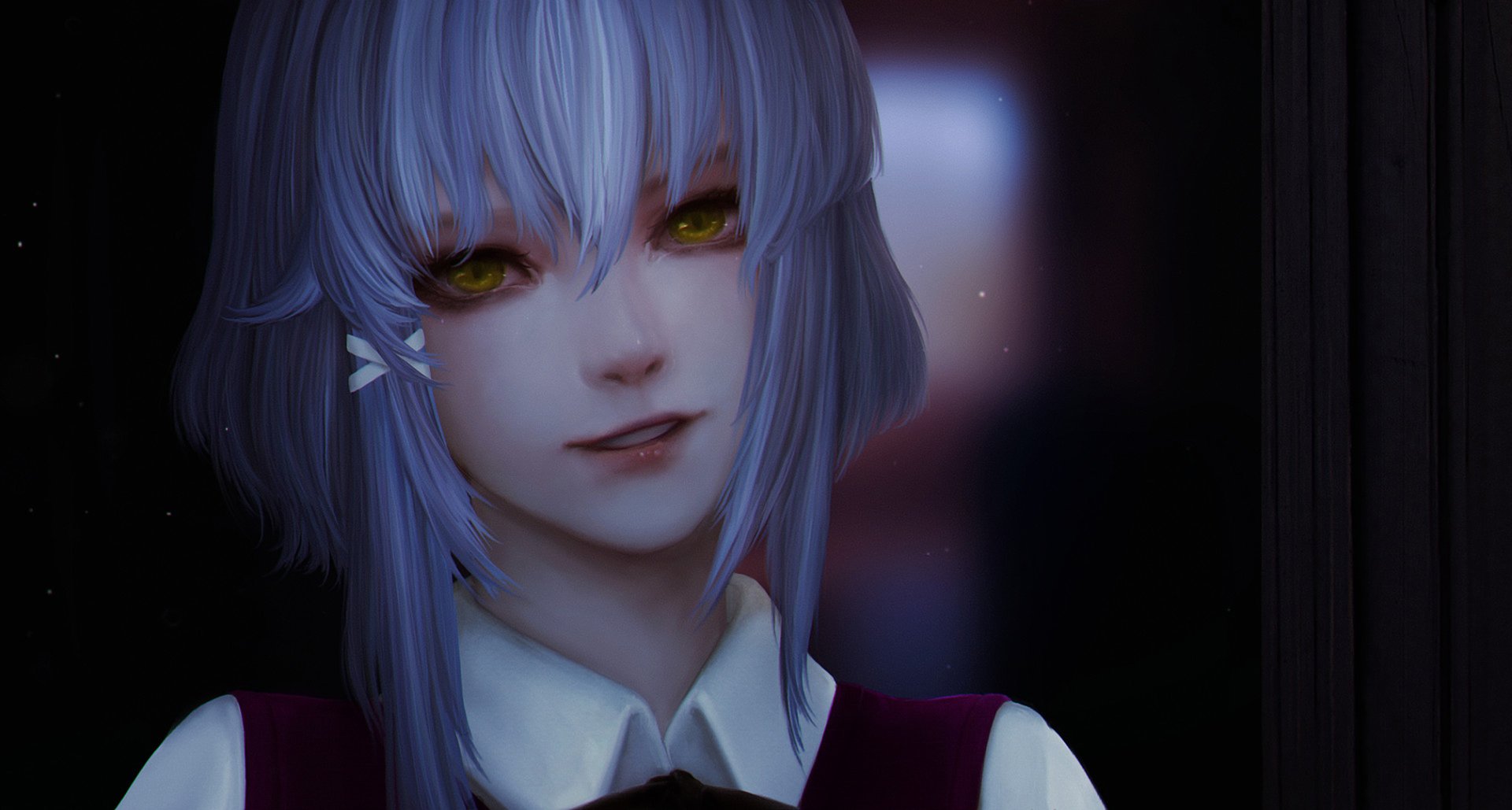 Anime original HD PC desktop wallpaper: close-up of a silver-haired girl with glowing golden eyes and a subtle smile, wearing a white-collared shirt and maroon vest against a dark backdrop.