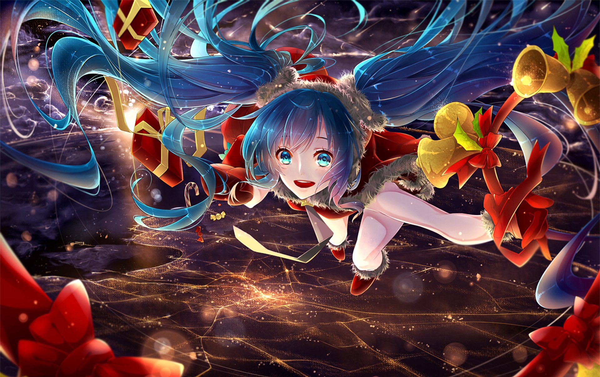 Vibrant HD anime wallpaper of Hatsune Miku (Vocaloid): smiling, twin‑tailed blue hair flowing with ribbons and gift boxes above a glowing cosmic floor, energetic PC desktop background.