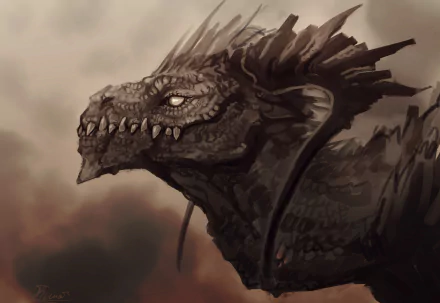 A high-definition fantasy desktop wallpaper featuring a detailed, fierce-looking dragon with rugged scales and a menacing expression against a cloudy background.