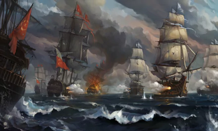 A fantasy battle unfolds on turbulent sea waves as multiple ships with billowing sails engage in combat, captured in an HD PC desktop wallpaper scene.
