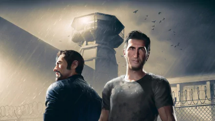 HD desktop wallpaper from A Way Out featuring two main characters with a prison watchtower in the background.