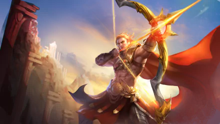 Yorn from Arena of Valor aims his glowing bow against a dramatic sky in this vibrant 4K Ultra HD PC desktop wallpaper and background.