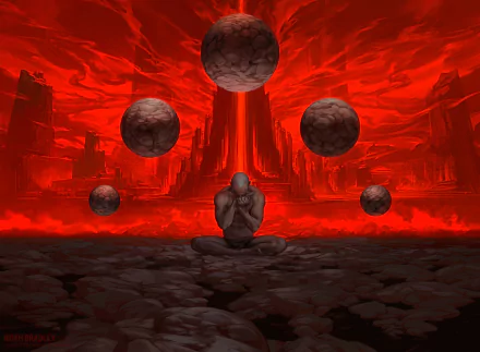 Dark red landscape with a solitary man sitting cross-legged in front of a towering castle, surrounded by floating stone balls, creating a striking HD PC desktop wallpaper.