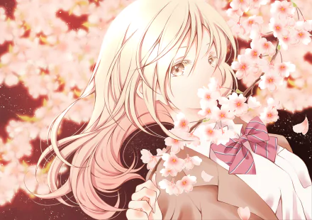 HD anime desktop wallpaper featuring an original character with long flowing hair surrounded by blooming cherry blossoms in soft pastel tones.