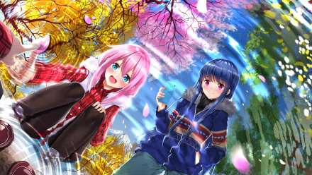 HD anime desktop wallpaper featuring Nadeshiko Kagamihara and Rin Shima from Laid-Back Camp amidst vibrant autumn and cherry blossom trees.