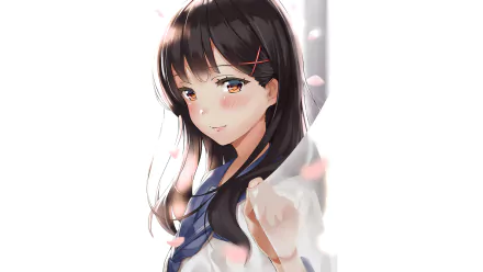 Anime original HD PC desktop wallpaper of a shy dark-haired schoolgirl with hairpins and a navy sailor uniform, soft pink petals drifting around her on a white background.