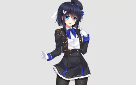 Anime-style original character with dark hair and blue eyes, dressed in a detailed black and blue uniform, featured as an HD PC desktop wallpaper and background.