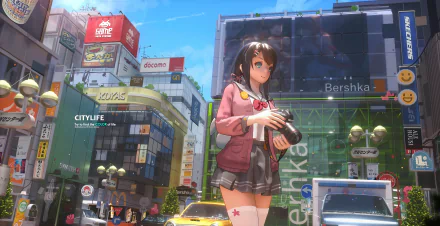 HD anime original artwork featuring a girl with a camera standing in a vibrant cityscape, designed as a PC desktop wallpaper and background.