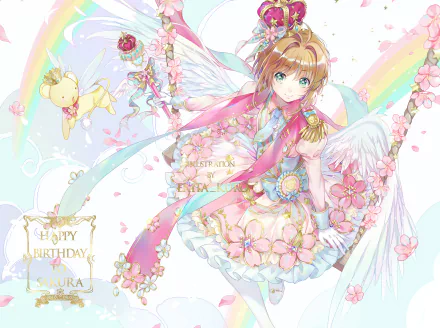 HD anime desktop wallpaper featuring Sakura Kinomoto from Cardcaptor Sakura in a vibrant, floral-themed outfit with wings and magical elements surrounding her.