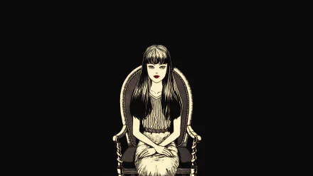 Anime-style HD PC desktop wallpaper featuring Tomie, a mysterious girl with long dark hair, sitting on an ornate chair against a black background.