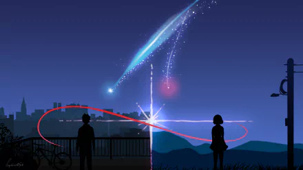 HD desktop wallpaper featuring Taki Tachibana and Mitsuha Miyamizu from Your Name. against a night sky backdrop with meteor streaks and a glowing connection ribbon between them.