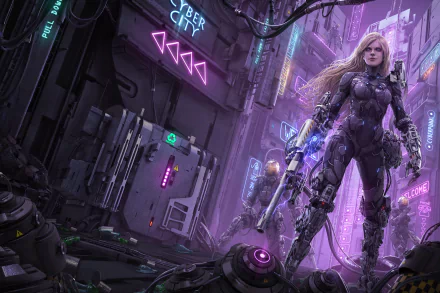 A futuristic blonde woman warrior with long hair and cyborg enhancements stands confidently in a neon-lit sci-fi alley, holding a high-tech weapon.