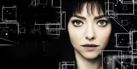 5K Ultra HD close-up portrait of an American woman with black hair, striking green eyes and lipstick, moody high-contrast desktop wallpaper with abstract geometric digital overlays.