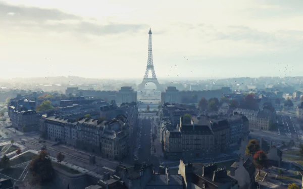 4K Ultra HD PC desktop wallpaper and background — World of Tanks video game scene: cinematic in-game Paris with the Eiffel Tower above smoky, war-torn streets and distant armored vehicles.