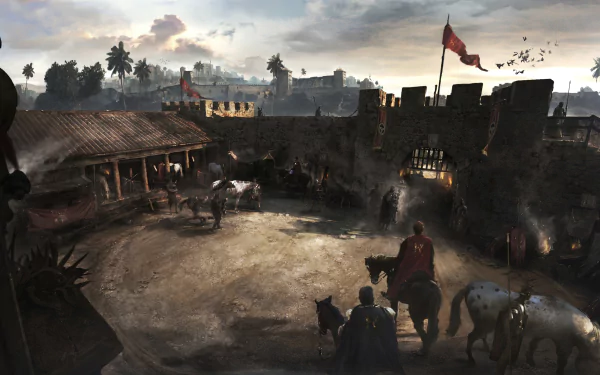 A 4K Ultra HD fantasy cityscape featuring a fortified medieval fort with horses and riders near the entrance under a cloudy sky.