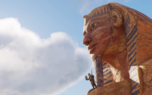 HD PC desktop wallpaper featuring Bayek of Siwa standing near the ancient Egyptian Sphinx from the video game Assassin's Creed Origins.