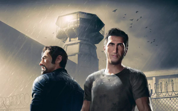 HD desktop wallpaper from A Way Out featuring two main characters with a prison watchtower in the background.