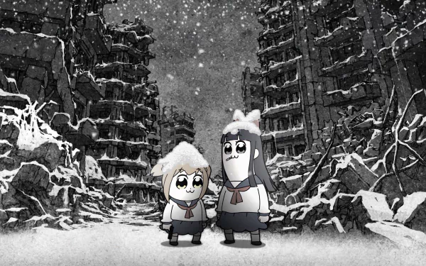 Pipimi and Popuko from Pop Team Epic stand in falling snow amid a bleak, ruined, snow-covered city — anime HD PC desktop wallpaper.