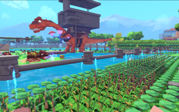 HD wallpaper of PixARK game featuring a dinosaur in a vibrant, block-style landscape with crops and water features.