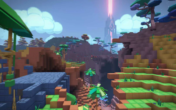 HD desktop wallpaper featuring the block-style terrain of PixARK with vibrant colors and unique landscapes.